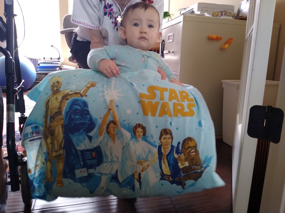 squirrel_bd's tweet image. @MarkHamill this is my amazing miracle baby grandniece Ember who was born last year on May the 4th Be With You Day with my original Star Wars pillowcase I had as a kid in the 70s. Would you please make her 1st birthday a thrill and wish her a happy one? Her parents would plotz 💚