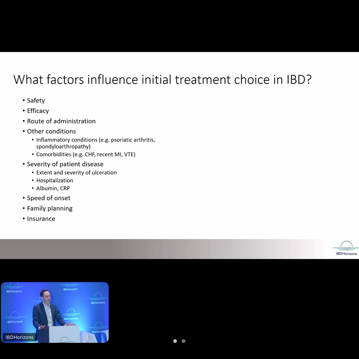 #IBDHorizons24 Jacobs

Treatments & 1st choice factors:
Safety
Efficacy- IFX tends to be default
Delivery - Keep needle phobia pts in mind; VDZ now subq
Comorbidities - communicate with rheum colleagues who use these #IBD meds
Severity of dz
Age of pt
Fight insurance with data