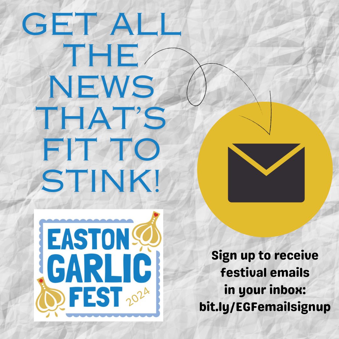 We'll soon be restarting the #EastonGarlicFest newsletter with updates on this year's festival on October 5 & 6 in downtown #EastonPA.
So now's a great time to sign up for it and make sure each stinky edition arrives in your inbox. bit.ly/EGFemailsignup