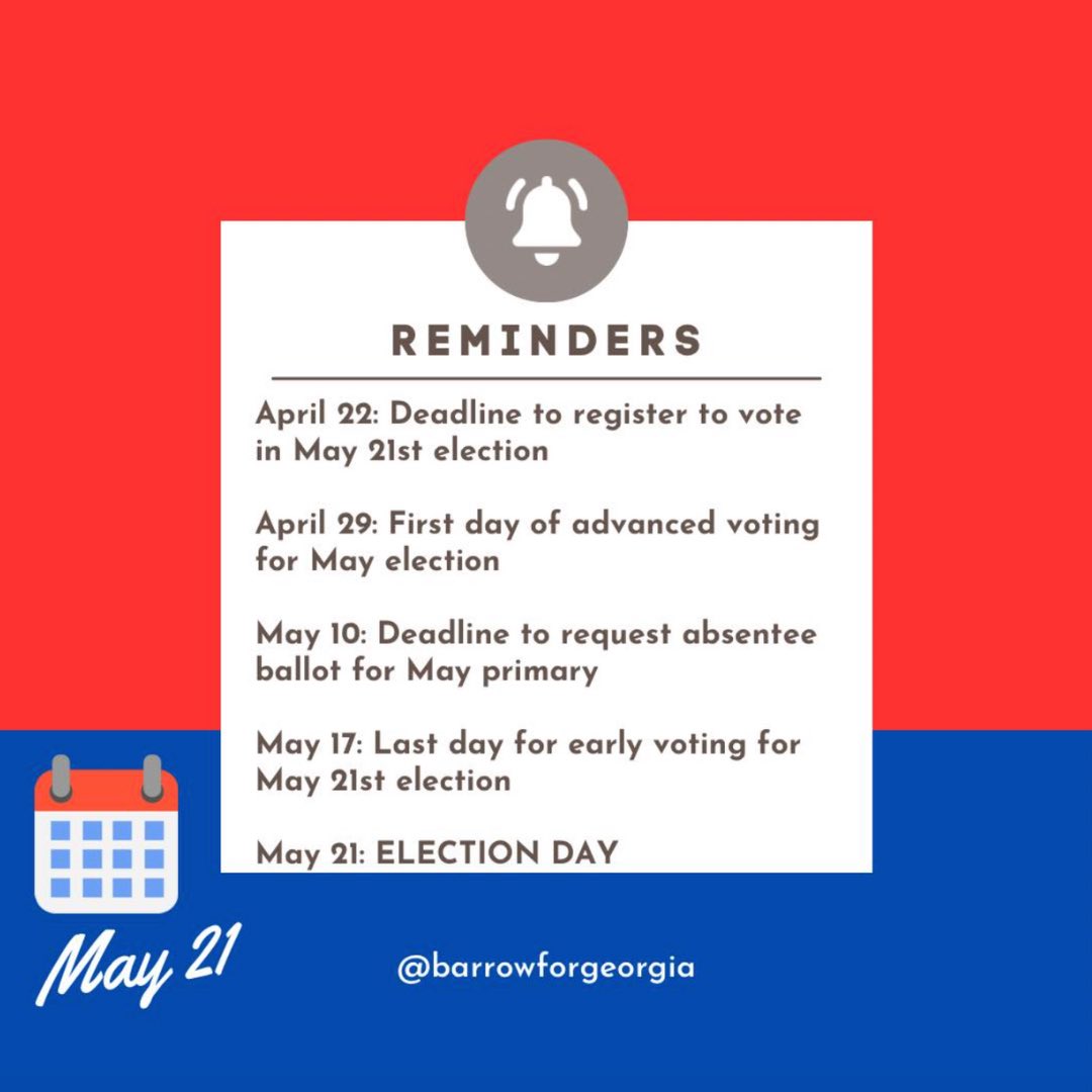 Every Georgian has the chance to vote for reproductive freedom by supporting John Barrow for Georgia Supreme Court on or before 5/21. Early voting is open now! #BarrowforGeorgia #GeorgiaElection #Choice #ReproductiveRights #Susie4GA