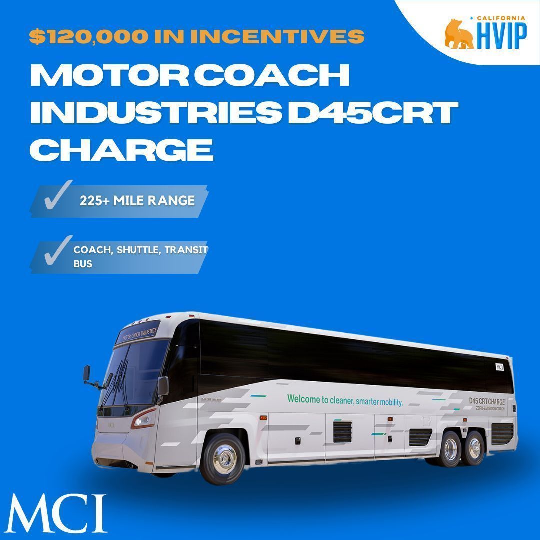 Are you ready to make the switch to a quiet #zeroemission bus? Check out the @MCIcoach D45CRT Charge Electric Bus. This bus offers 225+ miles of range and up to $120,000 in HVIP #incentives! Learn more 👇 buff.ly/3nrDxAd