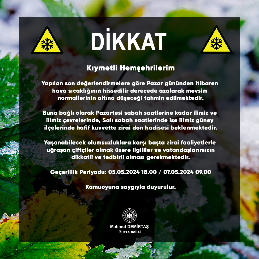 📢 Vatandaşlarımızın Dikkatine ⚠️ Zirai Don Hadisesine Dikkat ‼️❄️