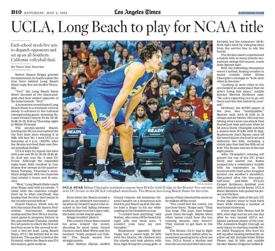 NCAA men's volleyball championship today at the Pyramid. 2 p.m. on ESPN. Can UCLA defend its title? Will Long Beach State defend home court? Should be an epic final after Thursday's dramatic semis latimes.com/sports/story/2…