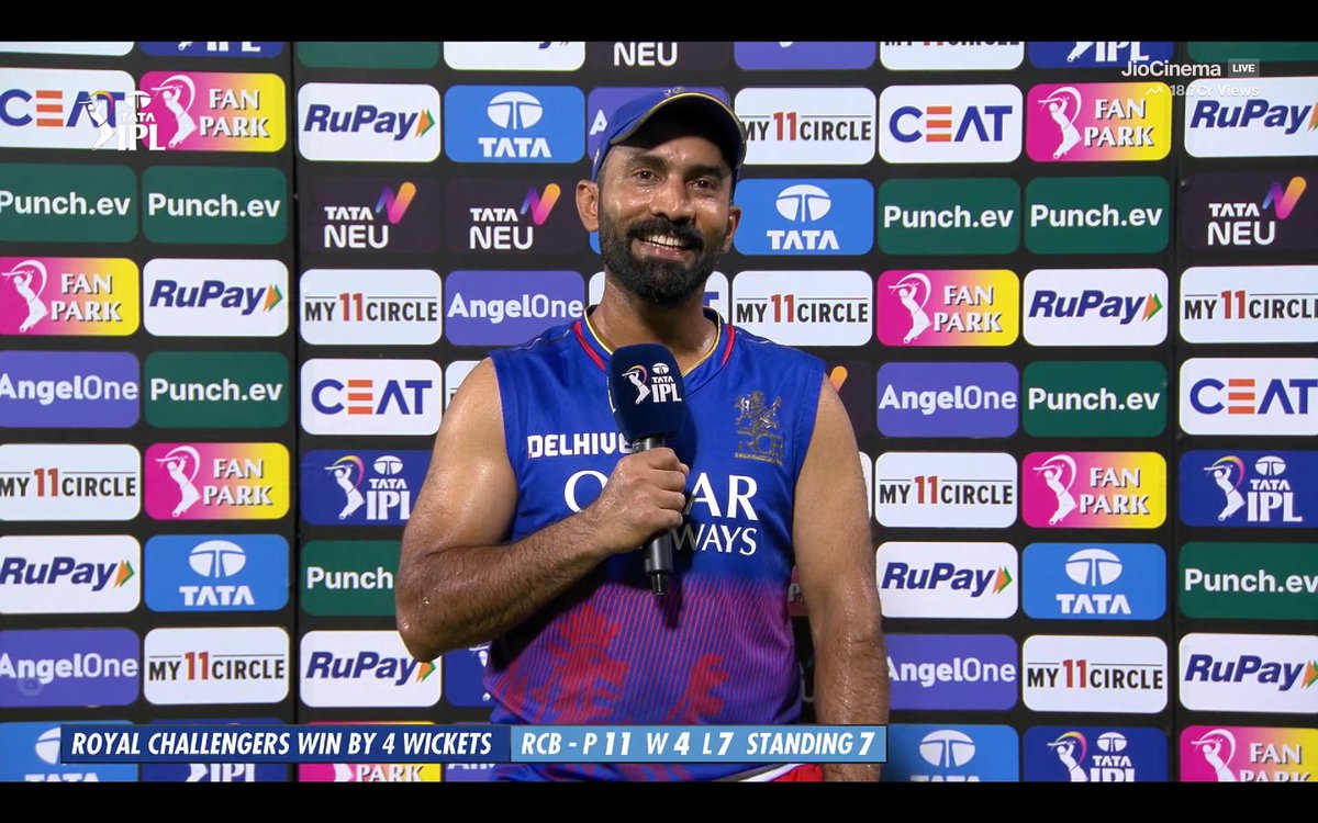 Dinesh Karthik said 'I started with a tea then after 4 overs I had a cappuccino and thought I wouldn't be batting then these things happened and I have to bat (smiles)'.