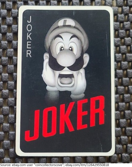 In 2001, an extremely rudimentary officially licensed Luigi's Mansion card deck was released in Japan. The faces of all 52 regular cards are completely standard with no Luigi's Mansion branding whatsoever, with only the Joker cards looking like this.