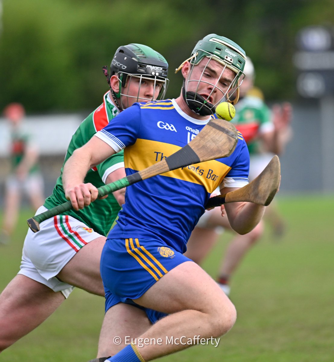 Newmarket’s Peter Power in action against Cillian O’Gara from Clooney-Quin in the Clare Cup Div 1A, round 5. At halftime it’s @NOFGAA 1-11 @ClooneyQuinnGAA 1-10. Photograph by @eugemccafferty.