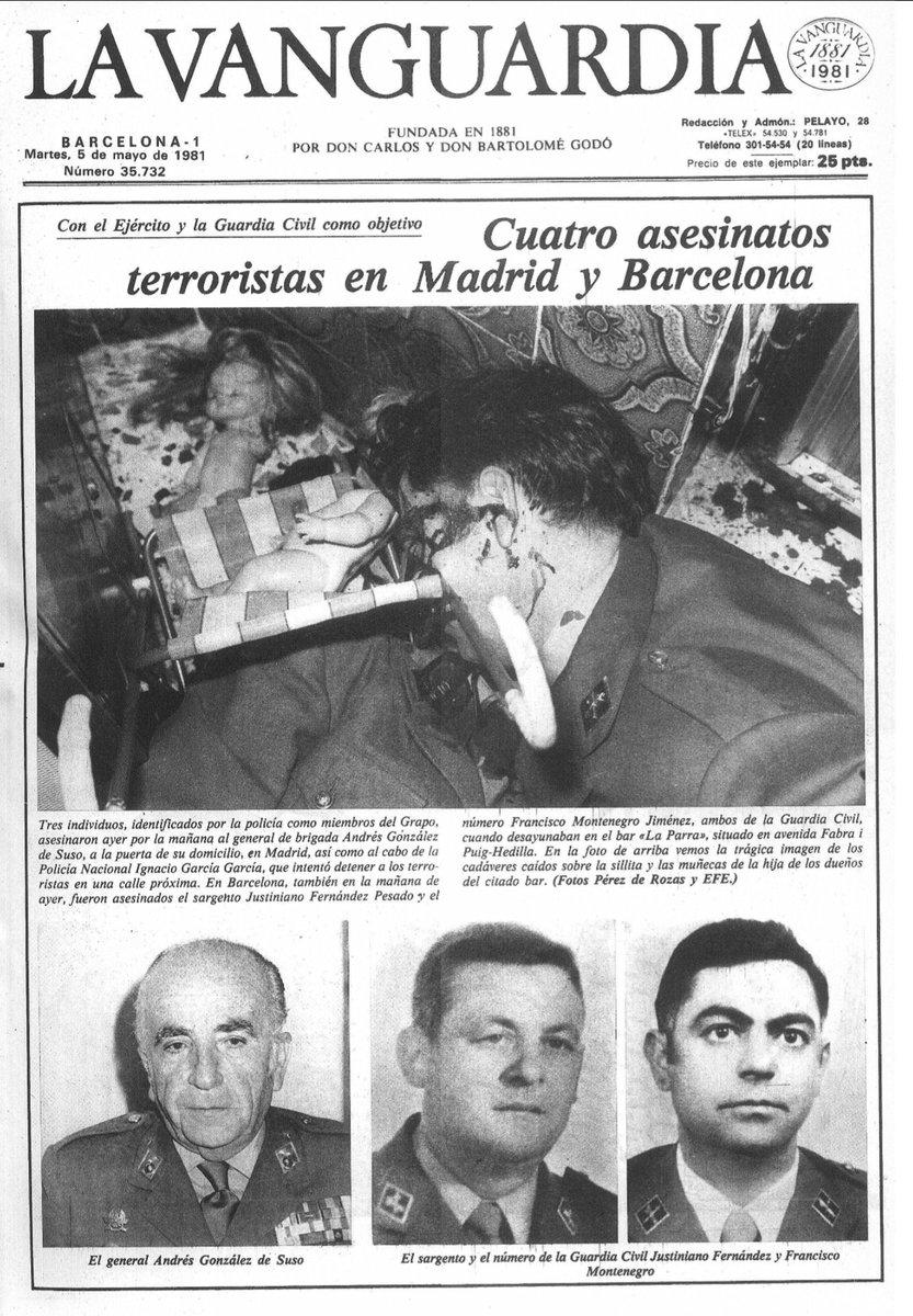 Un día como hoy de 1981 los #GRAPO asesinaron a tiros en #Barcelona a los @guardiacivil JUSTINIANO FERNÁNDEZ PESADO y FRANCISCO MONTENEGRO JIMÉNEZ.

Les dispararon a bocajarro cuando se encontraban tomando un café en el interior del bar #LaParra.

#MEMORIA