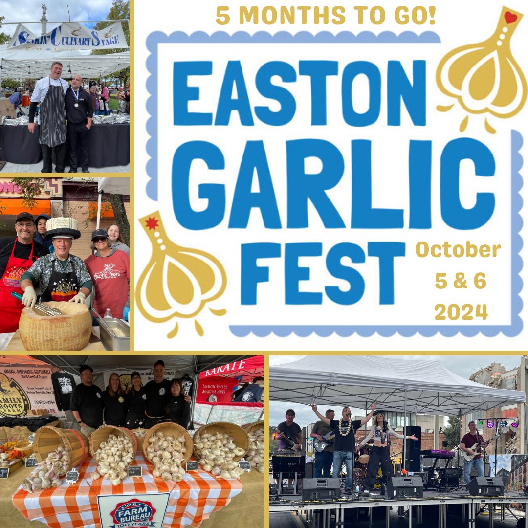 We're gonna GARLIC UP downtown #Eastonpa just 5 MONTHS from today! That time is gonna fly by, and then #EastonGarlicFest is here! We hope you've marked Saturday, October 5 and Sunday, October 6 on your calendar. Now accepting vendor applications: eastongarlicfest.com/get-involved