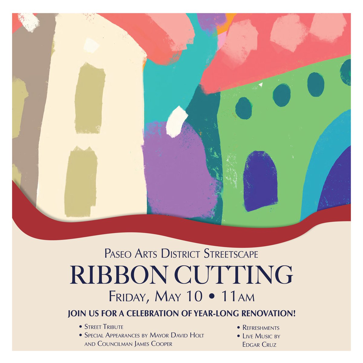 To celebrate the end of the Paseo Streetscape Project, we would like to invite you to our Ribbon Cutting Ceremony on Friday, May 10 at 11am! We'd love for you to come support the Paseo's next chapter!