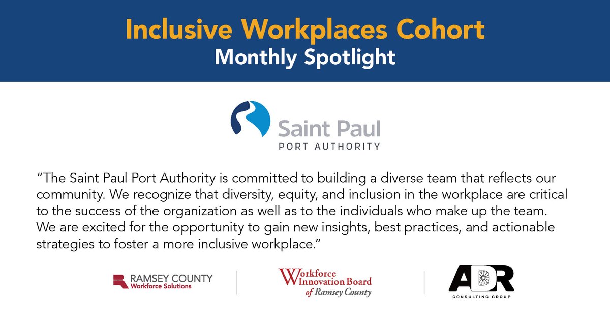 RamseyCounty (@ramseycounty) on Twitter photo Ten businesses in Ramsey County are participating in the Inclusive Workplaces Cohort, a 9-month peer learning program to advance equity, diversity and inclusion in their organizations. Meet <a href="/SPPortAuthority/">Saint Paul Port Authority</a>, a participating employer.
Learn more: ramseycounty.us/InclusiveWorkp… Ten businesses in Ramsey County are participating in the Inclusive Workplaces Cohort, a 9-month peer learning program to advance equity, diversity and inclusion in their organizations. Meet <a href="/SPPortAuthority/">Saint Paul Port Authority</a>, a participating employer.
Learn more: ramseycounty.us/InclusiveWorkp…