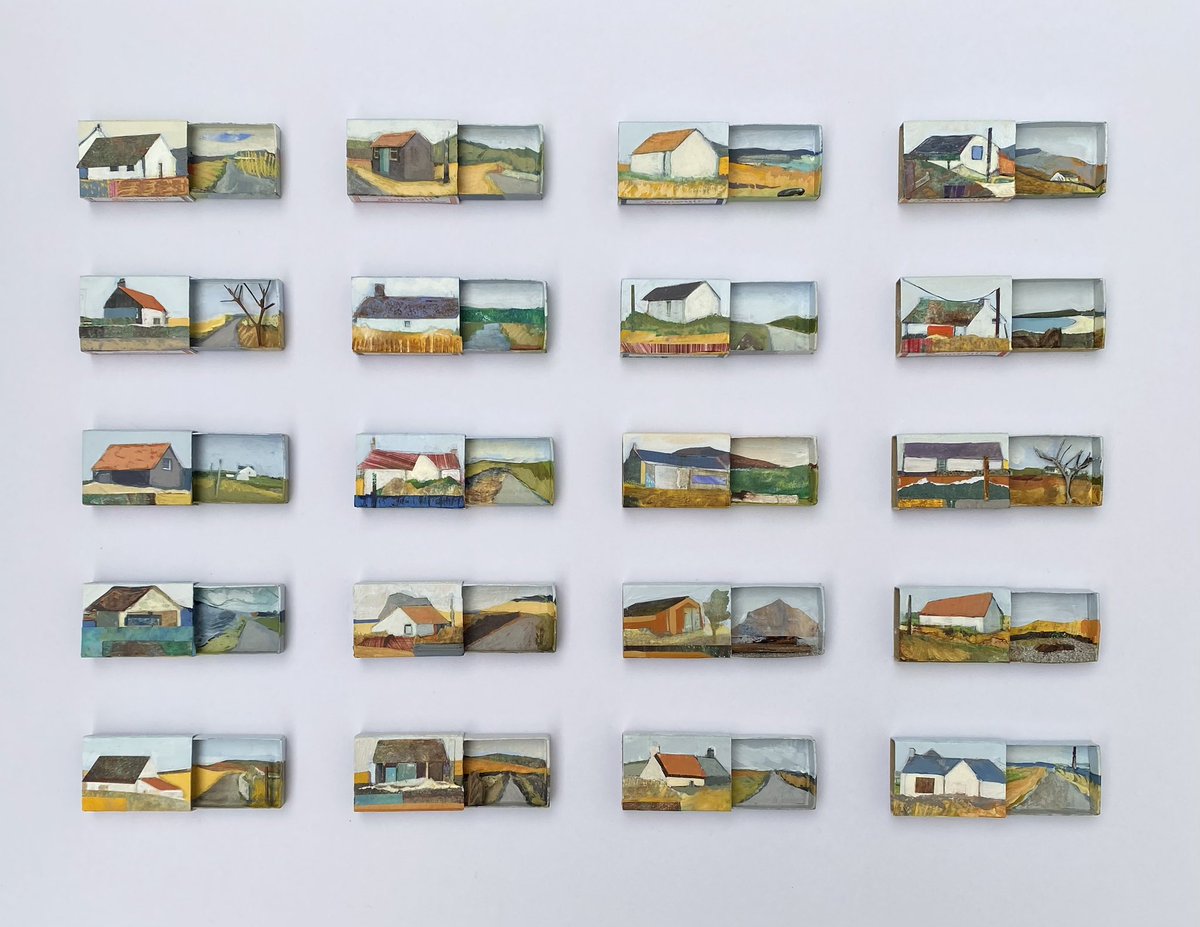 In the studio today - completed my series of 20 reworked Barra matchboxes. Any ideas for a title? Chosen favourite receives an original single matchbox painting #smallart #reuse #repurpose