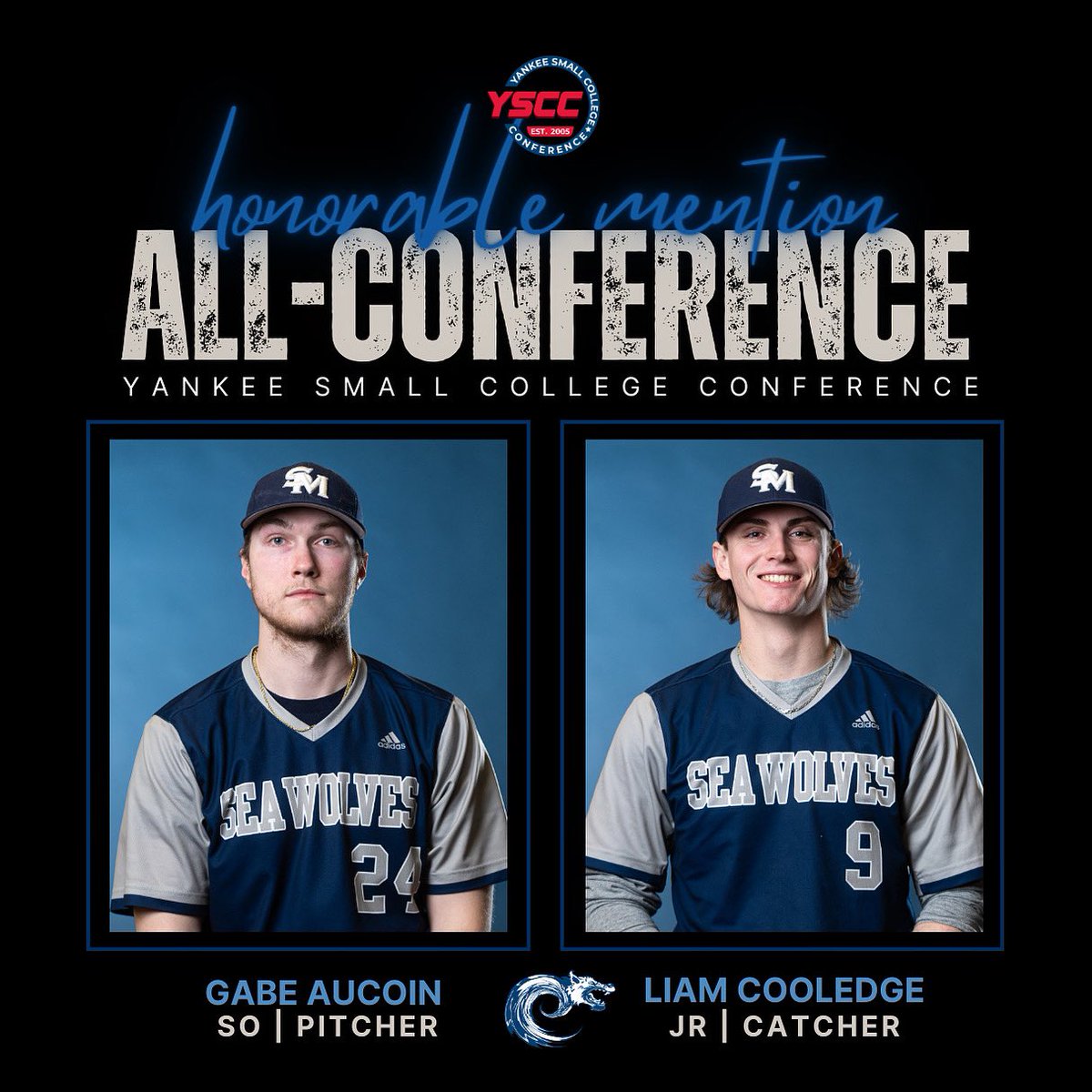 SMCC Seawolves (@smccseawolves) on Twitter photo ๐๏ธ HONORABLE MENTION
<a href="/seawolvesbase/">SMCC Baseball</a> sophomore pitcher Gabe Aucoin and junior catcher Liam Cooledge were both named <a href="/YSCC8/">Yankee Conference</a> Honorable Mention All-Conference selections!
#WeAreSMCC #GoSeawolves <a href="/USCAA/">USCAA</a> <a href="/smccmaine/">smccmaine</a> <a href="/MaineSportsComm/">Maine Sports</a> <a href="/MCCSme/">MCCS</a> ๐๏ธ HONORABLE MENTION
<a href="/seawolvesbase/">SMCC Baseball</a> sophomore pitcher Gabe Aucoin and junior catcher Liam Cooledge were both named <a href="/YSCC8/">Yankee Conference</a> Honorable Mention All-Conference selections!
#WeAreSMCC #GoSeawolves <a href="/USCAA/">USCAA</a> <a href="/smccmaine/">smccmaine</a> <a href="/MaineSportsComm/">Maine Sports</a> <a href="/MCCSme/">MCCS</a>