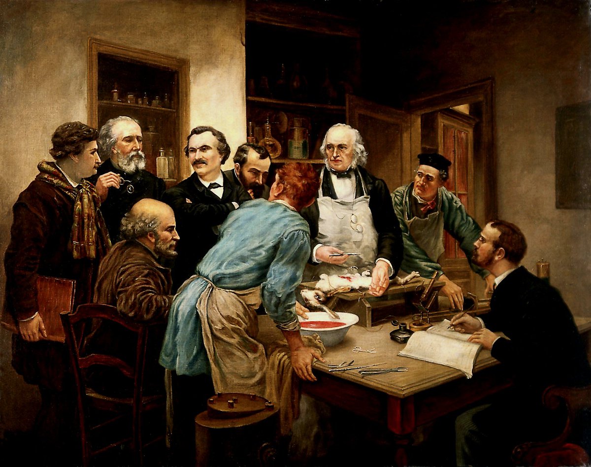 Oil painting depicting Claude Bernard, the father of modern physiology, with his pupils.