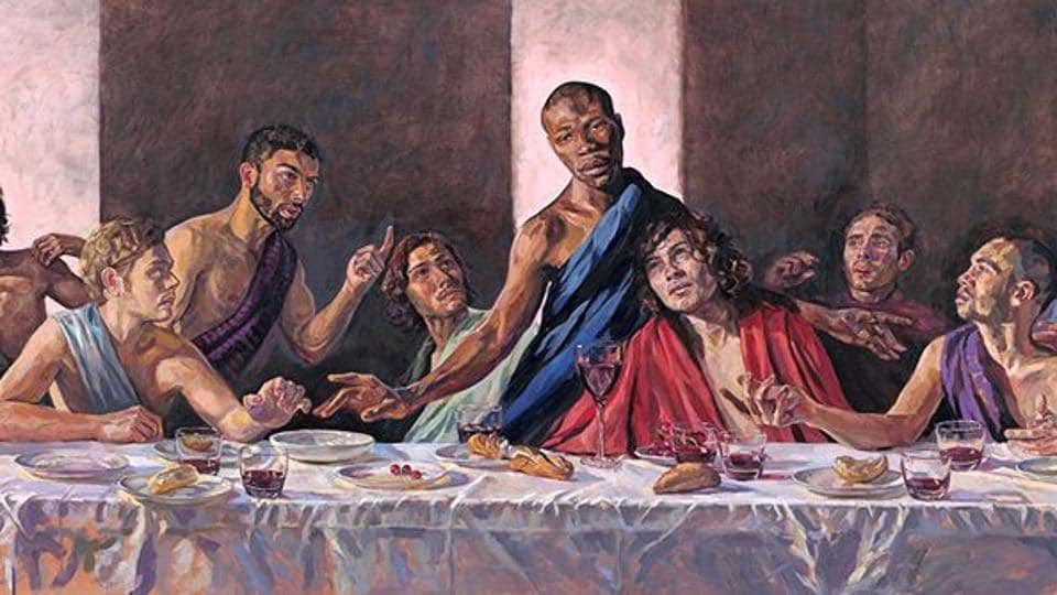“A Last Supper” by Lorna May Wadsworth casts Jamaican-born model Tafari Hinds as the son of God. The 9-foot print is at the altar of St. Albans Cathedral in Hertfordshire—one of the oldest churches in Britain #lastsupper #anglican #episcopalian #christianart