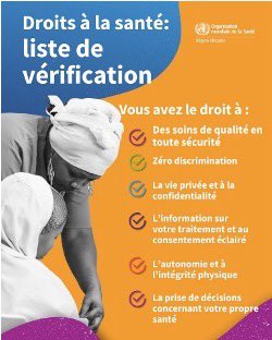 Gardez cette liste de contrôle à portée de main et revendiquez votre droit à la santé.
Partagez-la avec vos amis, votre famille, vos collègues et votre communauté.
 La santé n'est pas un privilège mais un droit humain fondamental.
#MaSantéMonDroit
#JournéeMondialeDeLaSanté