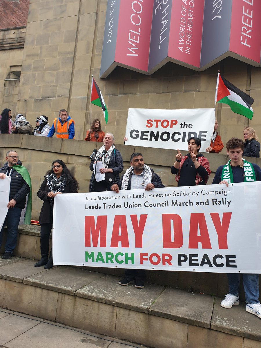 Our very own @LouRegan1 addressing the crowd at the 134th Leeds May Day March and Rally. Such an important cause, organised by   @LeedsTUC and @PSCupdates 
#MarchforPeace
#CEASEFIRE_NOW