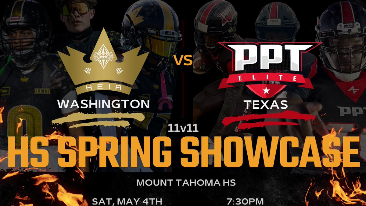 GAME DAY‼️‼️ Tune in to watch some of the state’s top recruits in action. 🗓️Sat, May 4th (Tonight) ⏰7:30pm pst 📍Mount Tahoma HS 👥Washington vs Texas 📺Live Stream HeirSports.com/live — #ThisIsHEIR 👑 #PPTElite #HeirSpringBall @HeirFootball