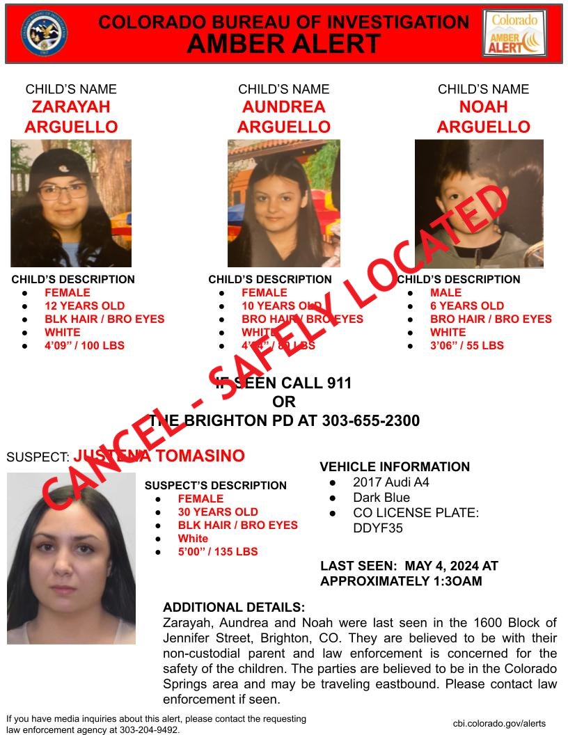 AMBER Alert Deactivation. Zarayah, Aundrea and Noah Arguello have been safely located. Thank you for your assistance in locating these children.