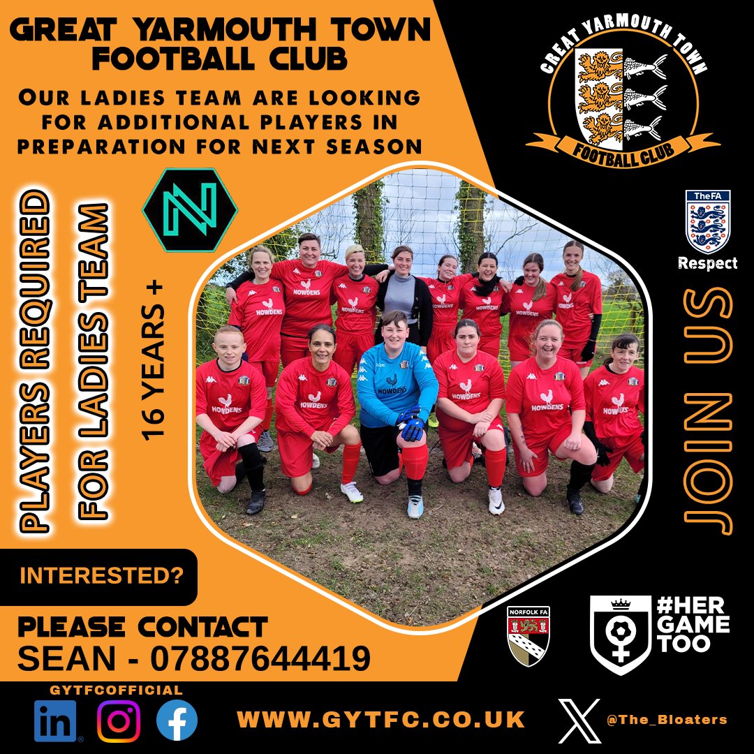 🧡🖤LADIES PLAYERS REQUIRED🖤🧡 We are looking for additional players in preparation for next seasons Ladies 11's & Ladies 7's teams. If you are 16+ & interested in joining please give Sean a call. #HerGameToo #LadiesFootball #GreatYarmouthTownFC