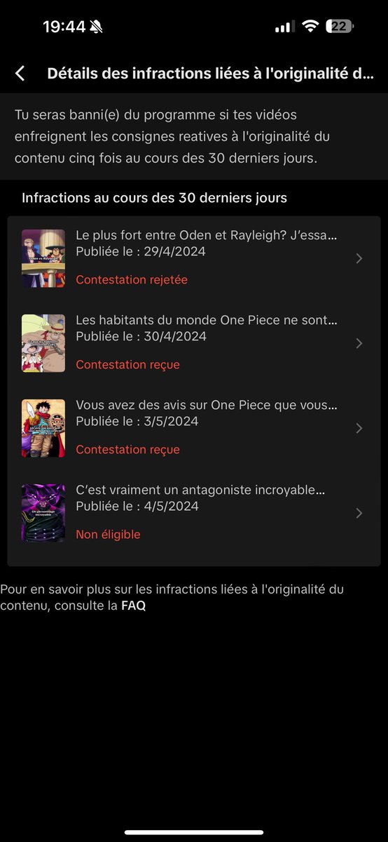 Donc ça fait 4 vidéos où il n’y a que la tête dessus, aucun passage vidéo d’animé qui sont strike par tiktok » d’après ce qu’ils disent, encore une et le compte est démonétisé 30j, ça devient vraiment fatiguant cette application, vraiment vraiment