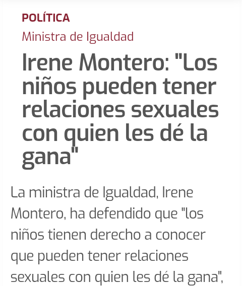 La Irene Montero que acusa a Milei de fascista es la misma que fue Ministra de Igualdad de España y promovía la pedofilia? Porque si se trata de la misma degenerada no tiene autoridad moral para hablar de nadie.