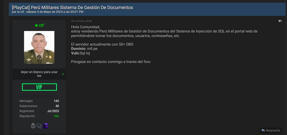 peruhacking's tweet image. Ofrecen en foro Sistema de Gestion de Documentos del Ejercito Peruano los datos "permitirian" al mismo acceder por #InyeccionSQL @chum1ng0 @coyotegris @Senmache @selvaorejon #Peru #military #Leak #government @infobaeperu @larepublica_pe