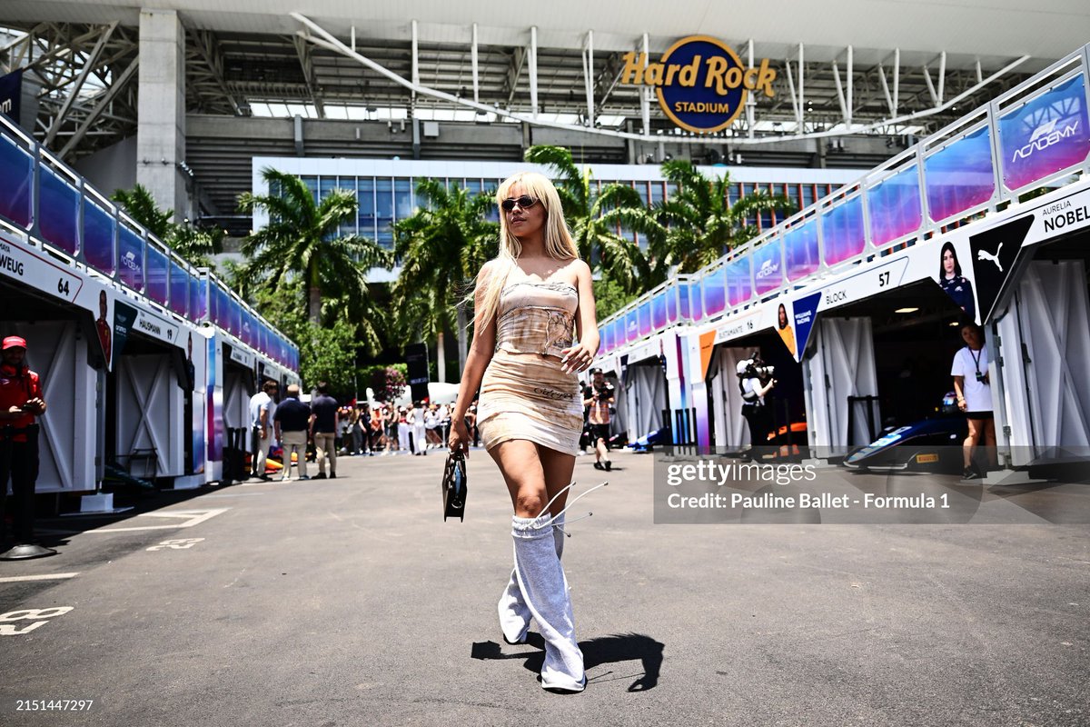 Camila Cabello walks in the F1 Academy paddock prior to race 1 during Round 2 Miami of the F1 Academy in Miami 🏎️