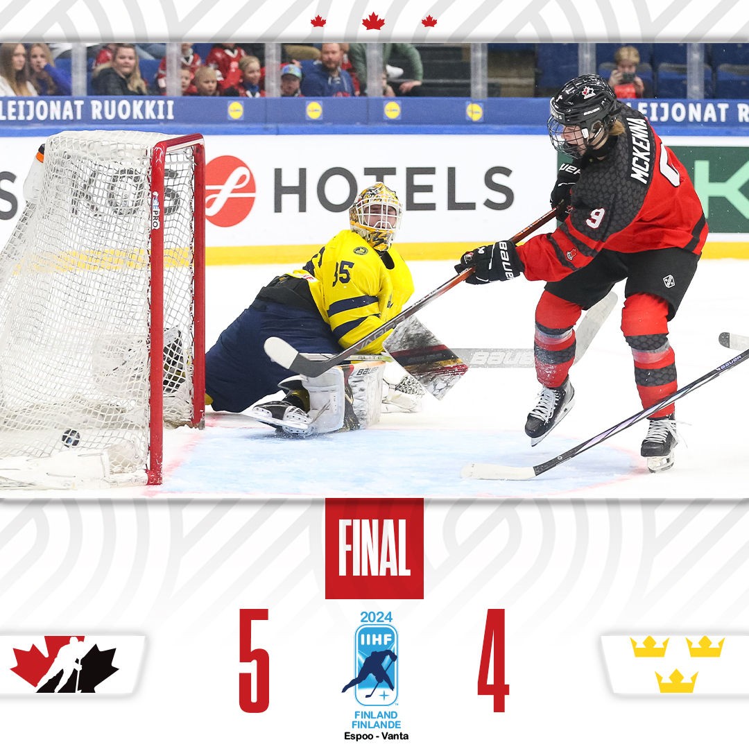 GAME OVER! Playing for gold. 🇨🇦🇸🇪 MATCH FINI! On va jouer pour l’or. 🇨🇦🇸🇪 📊 hc.hockey/MU18Stats050424 📊 hc.hockey/MM18Stats050424 #U18MensWorlds | #MondialMasculinM18