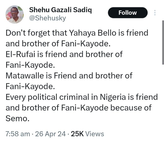 @realFFK FFK, how come you no longer talk about your brother and friend Yahaya Bello? I guess food has finished on his tabel