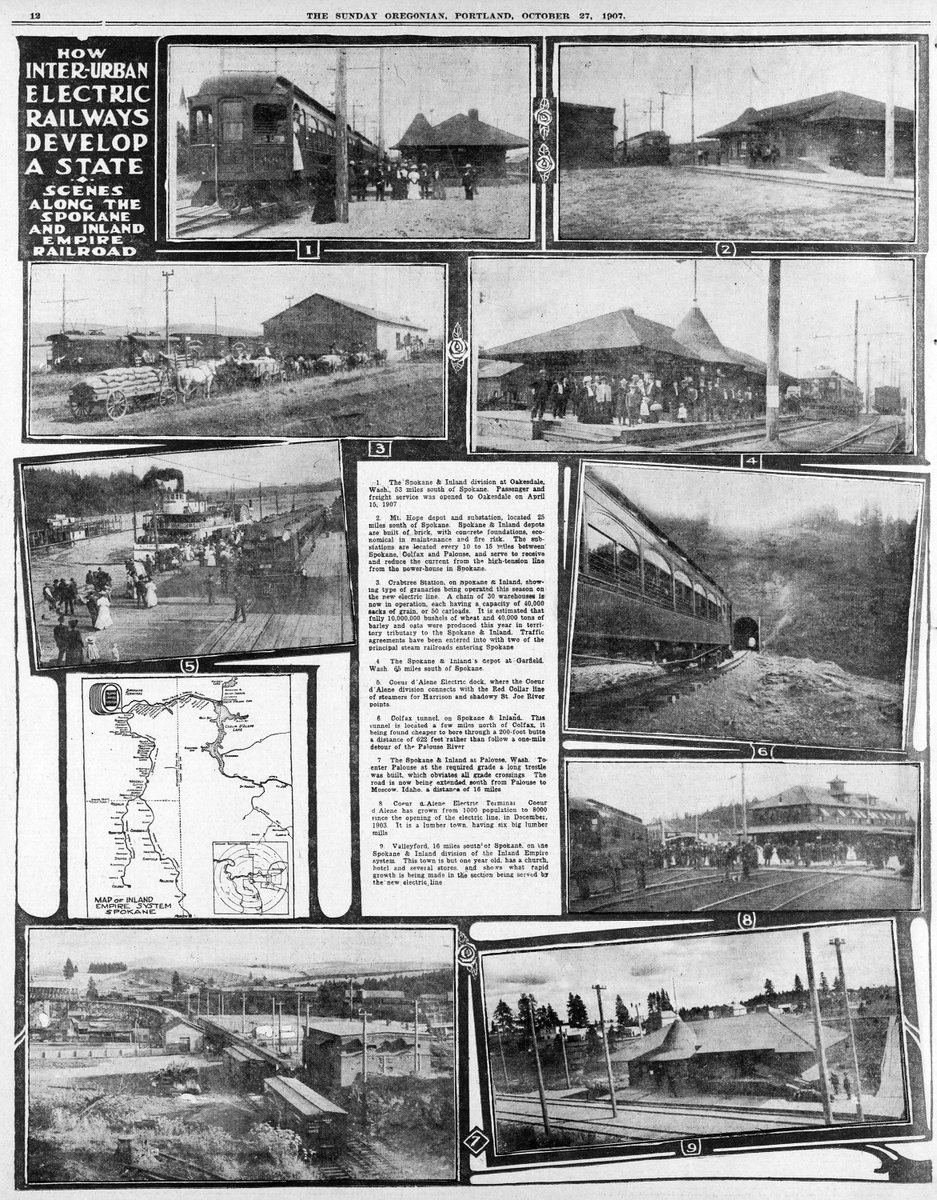 Fantastic little photo essay on the Spokane & Inland Empire (electric interurban) Railroad in 'The Oregonian', October 27, 1907. If you look closely, you can see that the 'Inland Empire System' logo on the map echoes the track layout at the railroad's Spokane terminal. Neat!