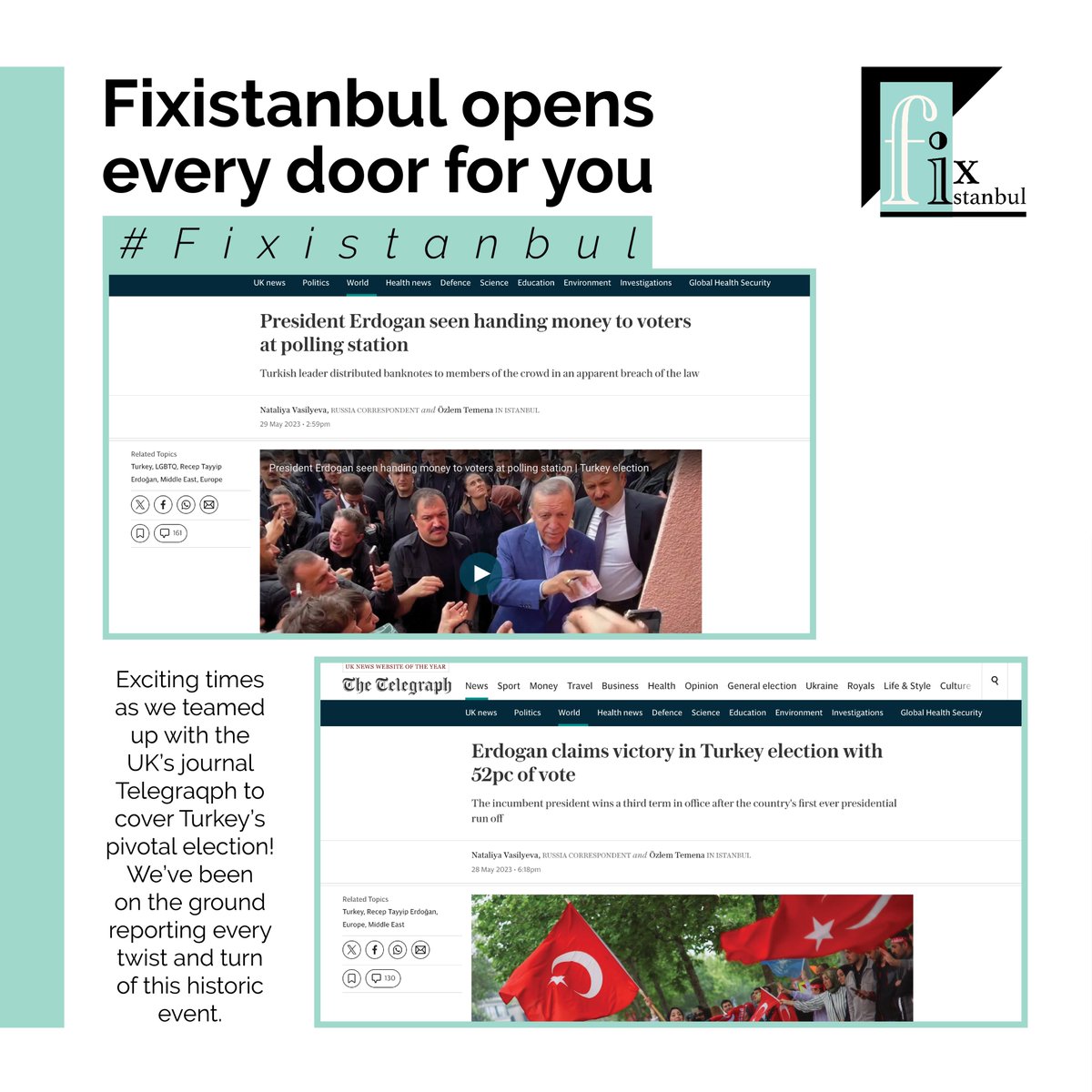 Fixistanbul opens every door for you 

📰 Exciting times as we teamed up with the UK's journal Telegraqph to cover Turkey's pivotal election! We've been on the ground reporting every twist and turn of this historic event.
#ElectionCoverage #TurkishPolitics #Fixistanbul 🇹🇷🗳️