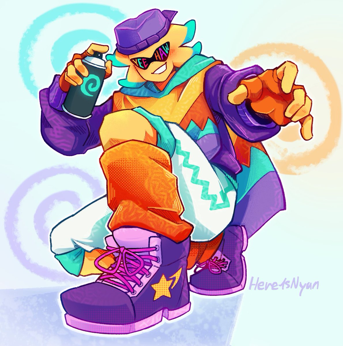 I really really like the Fresh!Starlo design I made a while ago, so here he is again 🧡 
He really likes graffiti art and b-boying 💥 I imagine after getting infected with Fresh he'd spray over the whole hideout-
[ #UndertaleYellow #Starlo ]