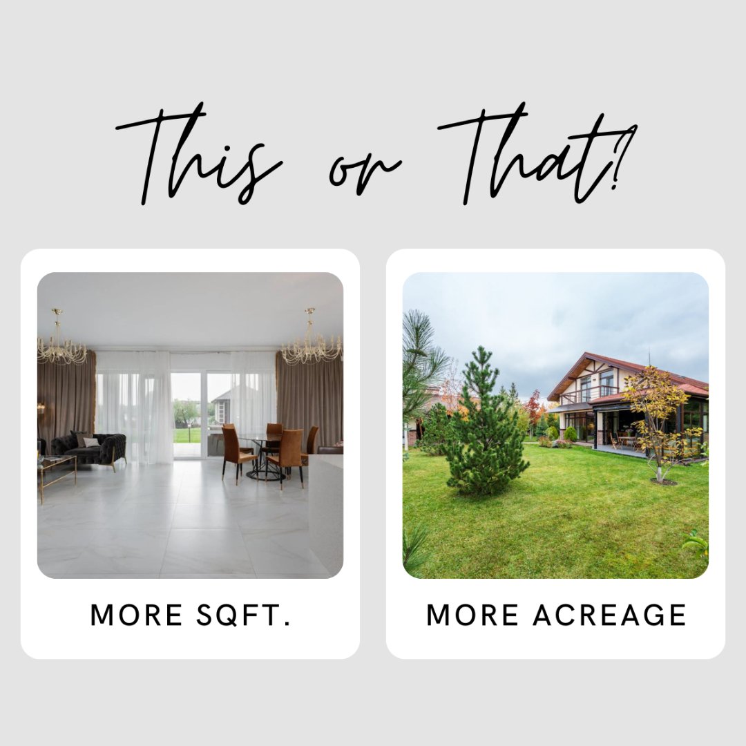 If you're thinking about buying a home, here is a fun question for you. Would you prefer a house with more space inside or a larger yard outside? Comment your answer below!

#sqft #acres #thisorthat #chooseone #favorite #chooseyourfavorite #acreage #RealEstateExpert
