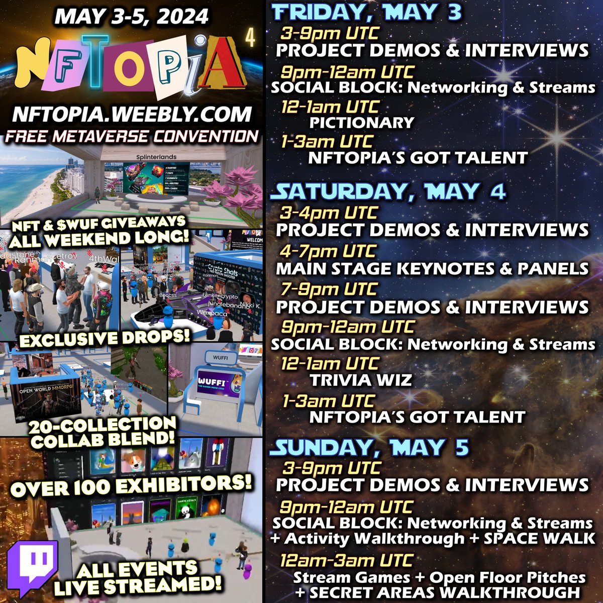 🚀DAY 2: NFTOPIA Exciting Online Convention! JOIN US! ENTER HERE: framevr.io/nftopia4 AMAZING EXHIBITORS! EPIC @bountyblok with WAXNFT & $WUF prizes at SWAG Giveaway Booth! @OriginalFunko Premium Packs Giveaway Booths in all 3 Halls & Drops Gallery! FREE to attend!…