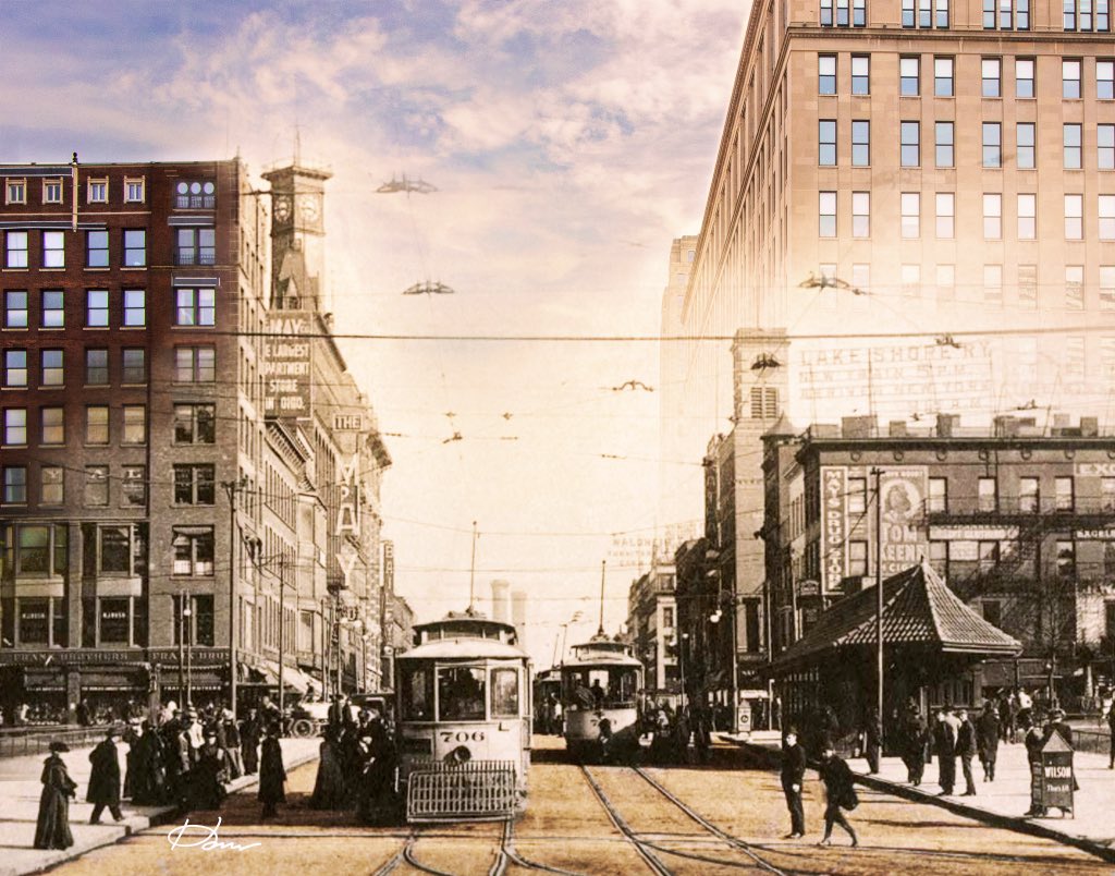 #Cleveland, early 1900s/2017 - looking south down Ontario St. from the center of Public Square.
.
.
.
.
#CLE  #theland #nowandthen #thenandnow #clevelandhistory #yesteryear #ClevelandOhio #clepublicsquare