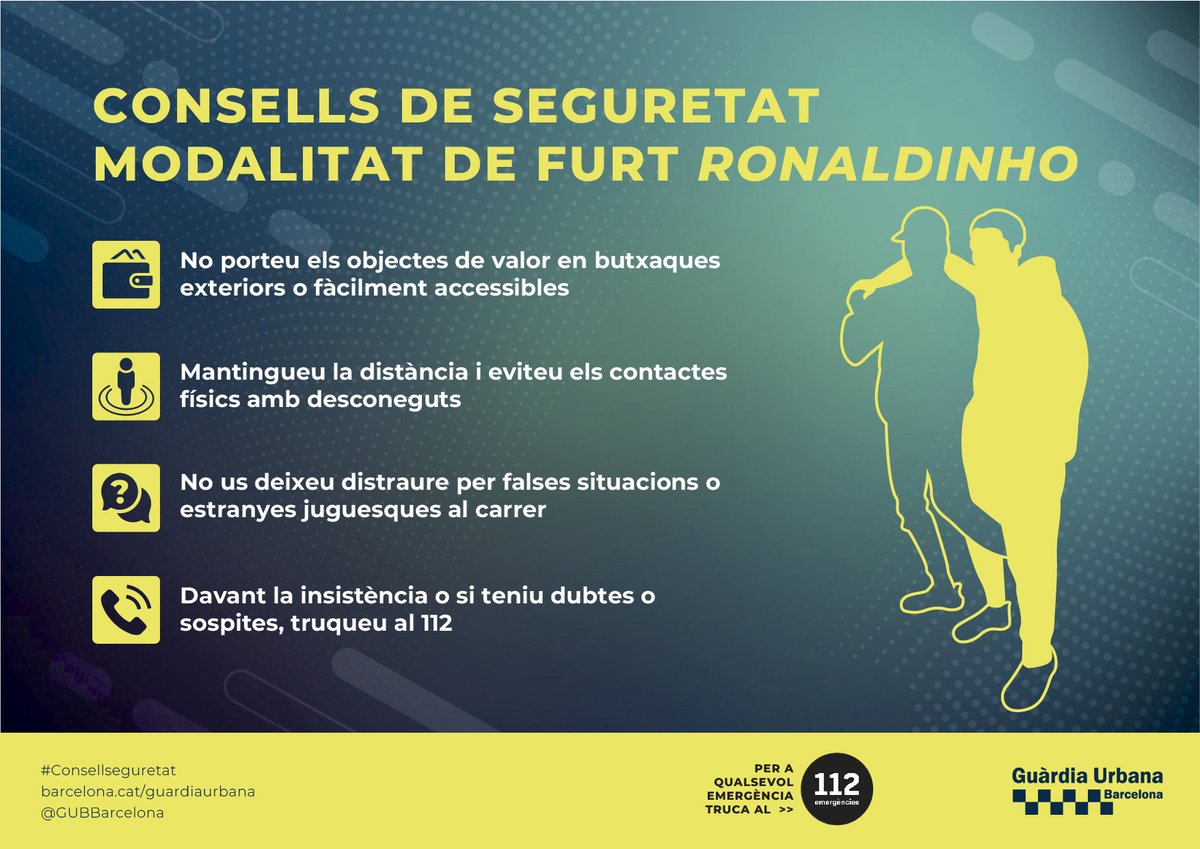 ⚽️🤙 Compte amb els furts pel mètode “ronaldinho”. 🧿 Objectius: carteres, mòbils i rellotges. 👮💬 Com ho fan? Sol començar com una tertúlia futbolística o recreant un regat en què els lladres aprofiten el desconcert per sostreure els objectes de valor. #Consellseguretat