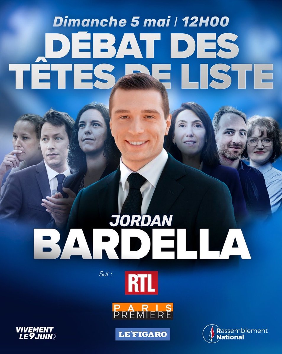 🔴 Rendez-vous avec @J_Bardella, dimanche 5 mai à 12H00 pour le débat des tètes de liste sur @RTLFrance et @ParisPremiere.