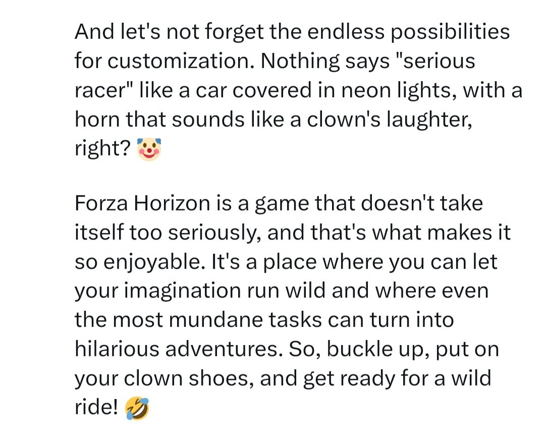 So we decided to 'test' the new @grok AI feature here on @X. Obviously, we used a very careful and processed search term to try out this new feature for premium users... 'Funny forza horizon' The result was quite accurate!! 😂