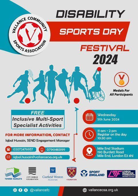 Our friends at @vallancefc will be holding their Annual Disability Sports Day for people (Year 7 and above/Adults) with SEND. They will be hosting a football competition as part of the festival! ⚽ 📧 iqbal.hussain@vallancesa.org.uk 📱 07961483199 ☎️ 02072476957