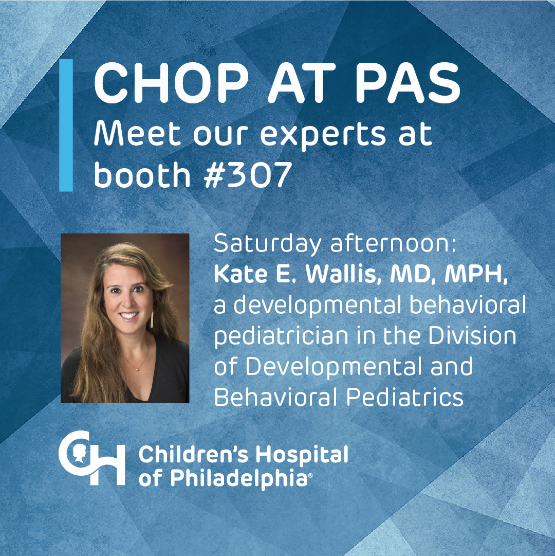 Dr. Kate E. Wallis, a developmental behavioral pediatrician in our Division of Developmental and Behavioral Pediatrics and @PolicyLabCHOP faculty member, will join us in the booth Saturday afternoon! #PASMeeting ms.spr.ly/6019YuPAh