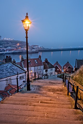 Whitby's 199 steps, up which Dracula bounded in the form of a black dog towards the town's #gothic abbey & graveyard. He had arrived aboard the ship the Demeter - with all the crew lost & the captain's corpse tied to the wheel. #BookWormSat #folklore #literature #Yorkshire