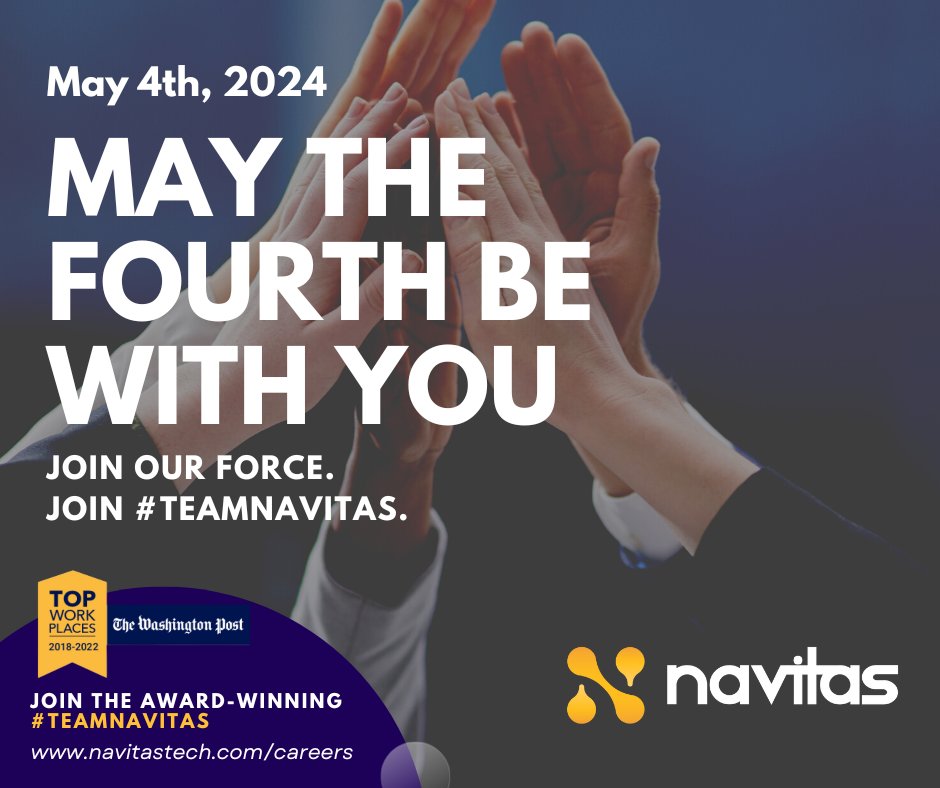 #TeamNavitas invites you to #joinourforce. #applynow at navitas-tech.com/careers 

#maythe4thbewithyou #NavitasTech #passion #integrity #commitment #collaboration #workculture #worklifebalance #newjob #tech #wearehiring #hiring #remotejob #ITjob #WorkInIT #hotjobs #apply #dreamjob