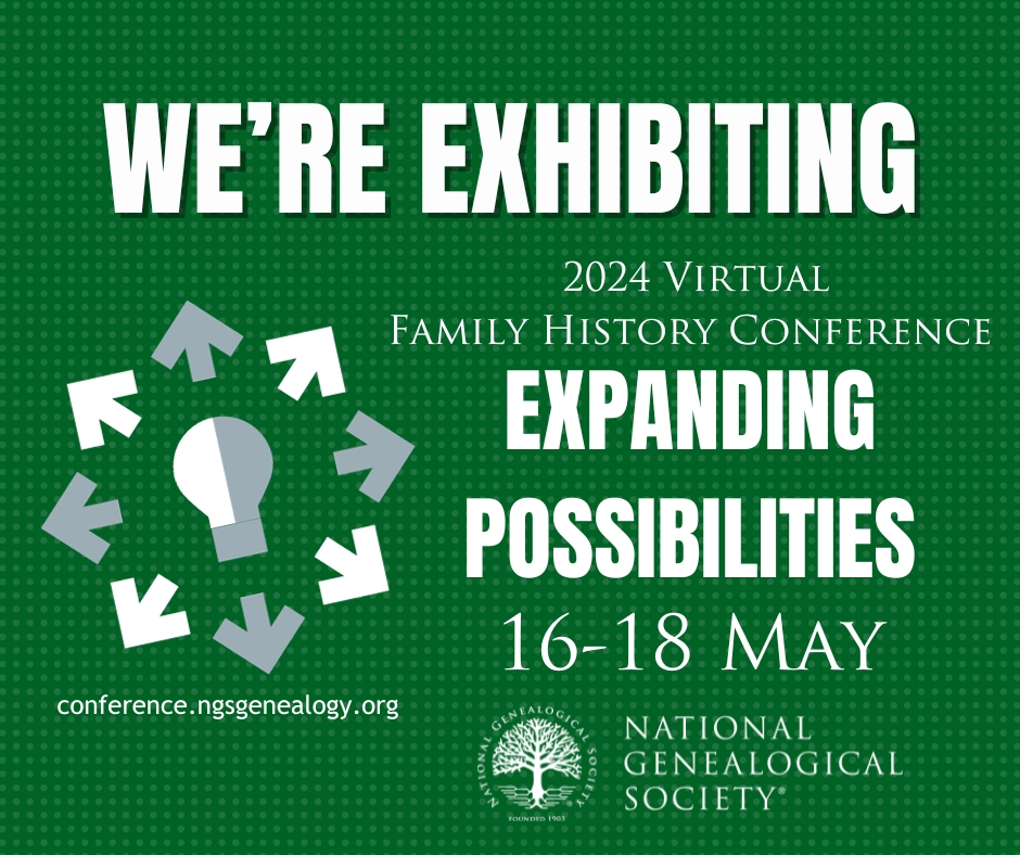 APG is exhibiting at the 2024 @ngsgenealogy Virtual Family History Conference, 16-18 May 2024 online via Whova! Be sure to visit our virtual booth during the event. Register at conference.ngsgenealogy.org