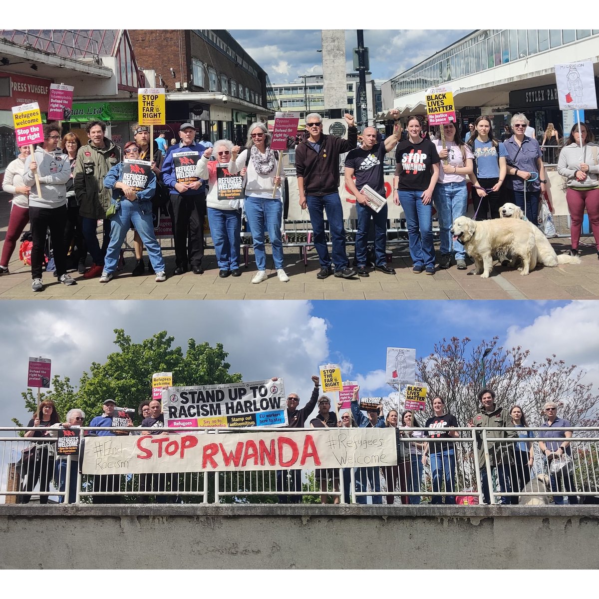 Good 'Stop Rwanda' demo and banner drop today . Fantastic to welcome friends from @Care4Calais to Harlow. @antiracismday #StopRwanda #RefugeesWelcome #EndRacism