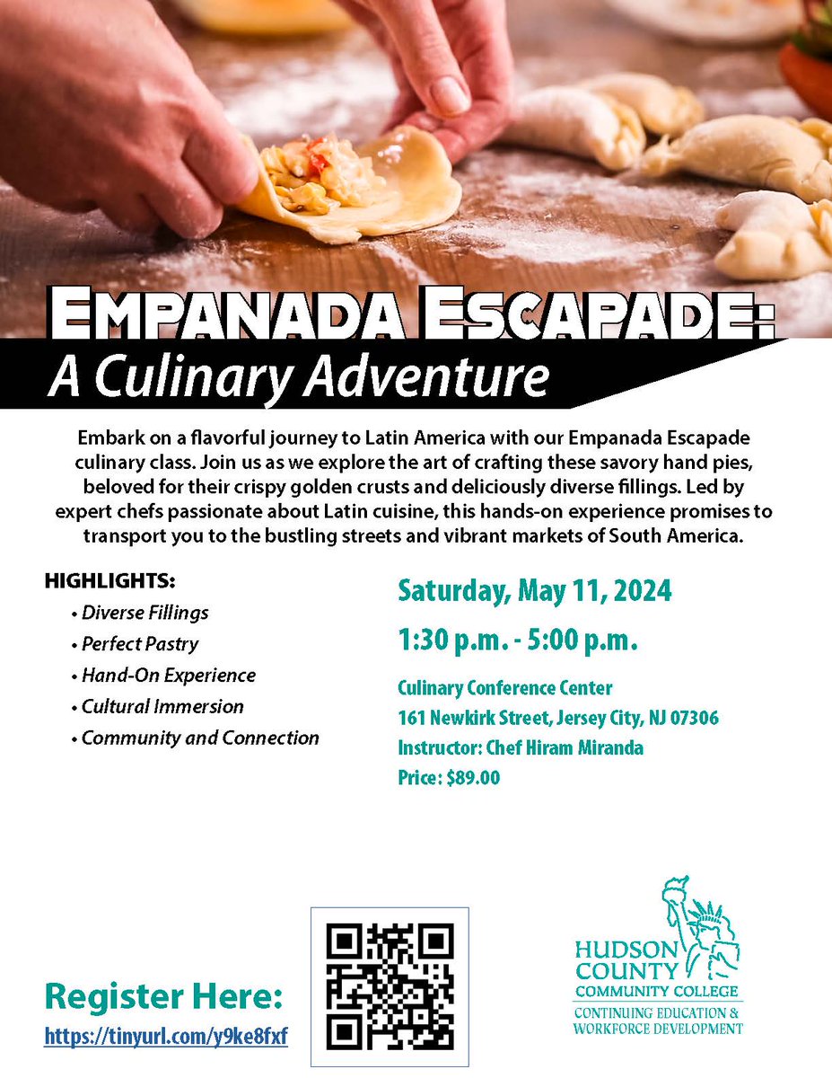 Empanada Escapade: A Culinary Adventure - Saturday, May 11 To register: tinyurl.com/y9ke8fxf #HCCCSpring2024 #Empanadas