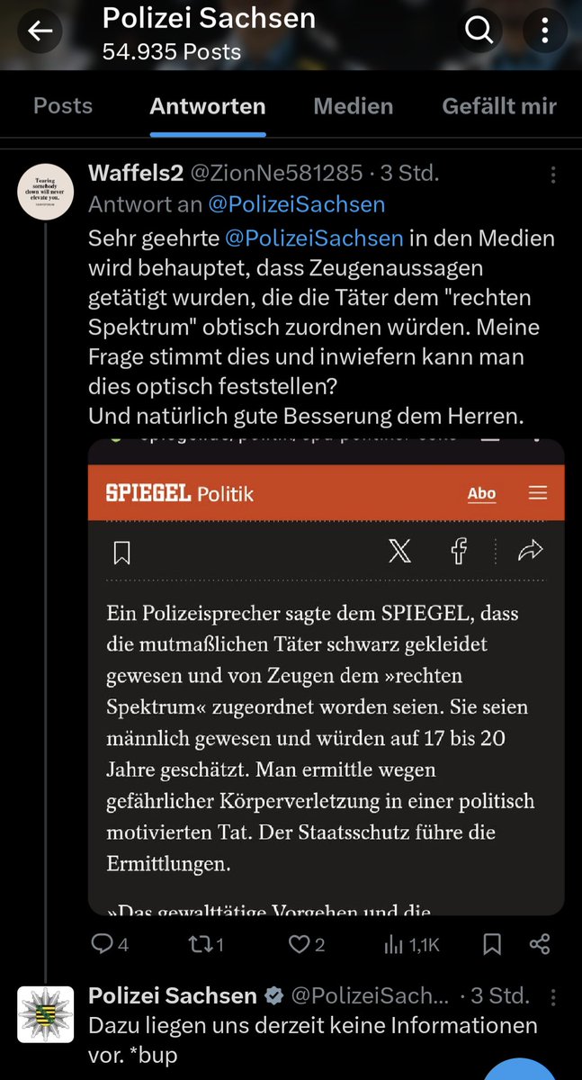 Ist es nicht seltsam, dass die Polizei einer Spiegel-Meldung widerspricht und es gar keine Zeugenaussagen zum 'rechten Spektrum' gibt, aber selbst die Innenministerin so tut, als gäbe es sie?