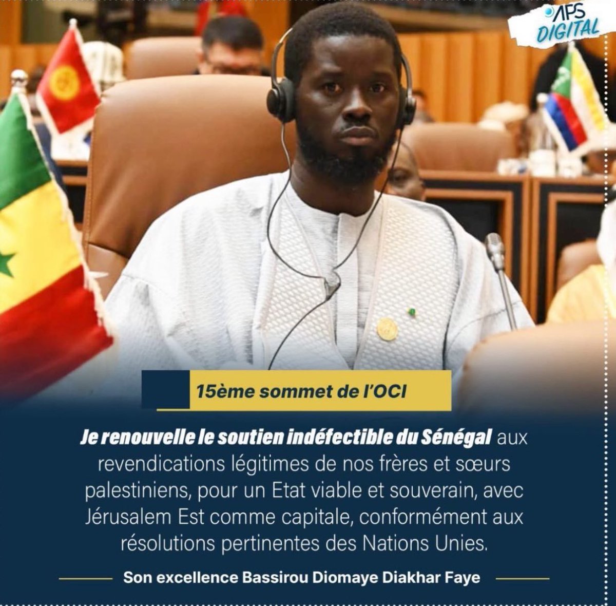 Le président de la République du Sénégal prend clairement position pour la Palestine , et demande à une plus grand mobilisation de la « Oummah Islamique » ( ce qu’il en reste)! 
Sénégal 🇸🇳 stand with Palestine 🇵🇸

Cela change vraiment du tocard qui nous servait de président !…