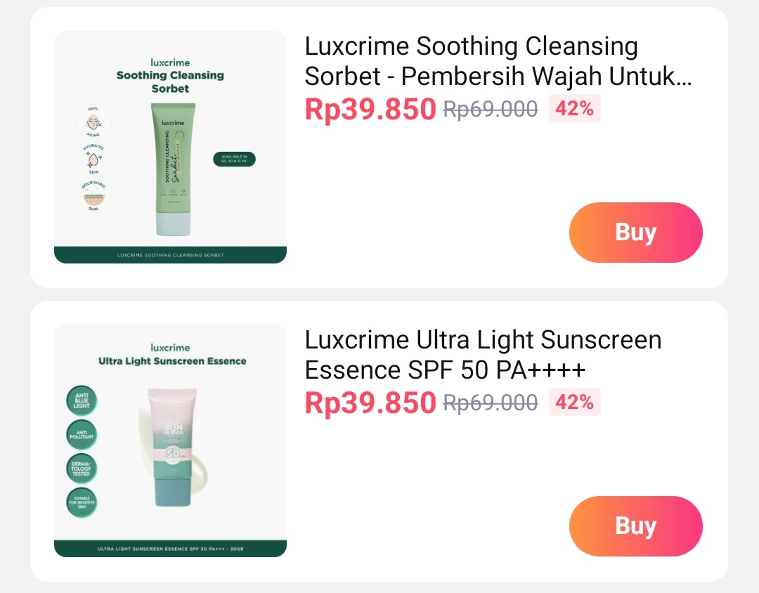 Promo Diskon Lazada

LUXCRIME
Soothing Cleansing Sorbet - Pembersih Wajah Untuk Makeup Waterproof
s.lazada.co.id/s.qvqBK?cc
Ultra Light Sunscreen Essence SPF 50 PA++++
s.lazada.co.id/s.qvJZJ?cc