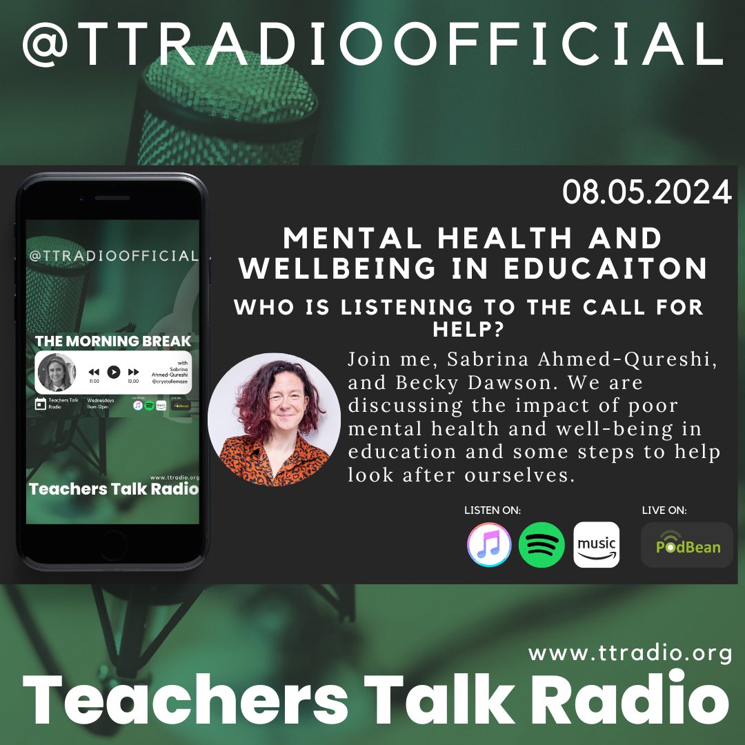 Crystalle/Sabrina Ahmed-Qureshi (@crystallemaze) on Twitter photo I am back on Wednesday 11am with <a href="/beckydawsonccf/">BeckyDawsonCCF</a> discussing mental health and whole school well-being live with <a href="/TTRadioOfficial/">Teachers Talk Radio</a> .
TUNE IN FOLKS! I am back on Wednesday 11am with <a href="/beckydawsonccf/">BeckyDawsonCCF</a> discussing mental health and whole school well-being live with <a href="/TTRadioOfficial/">Teachers Talk Radio</a> .
TUNE IN FOLKS!