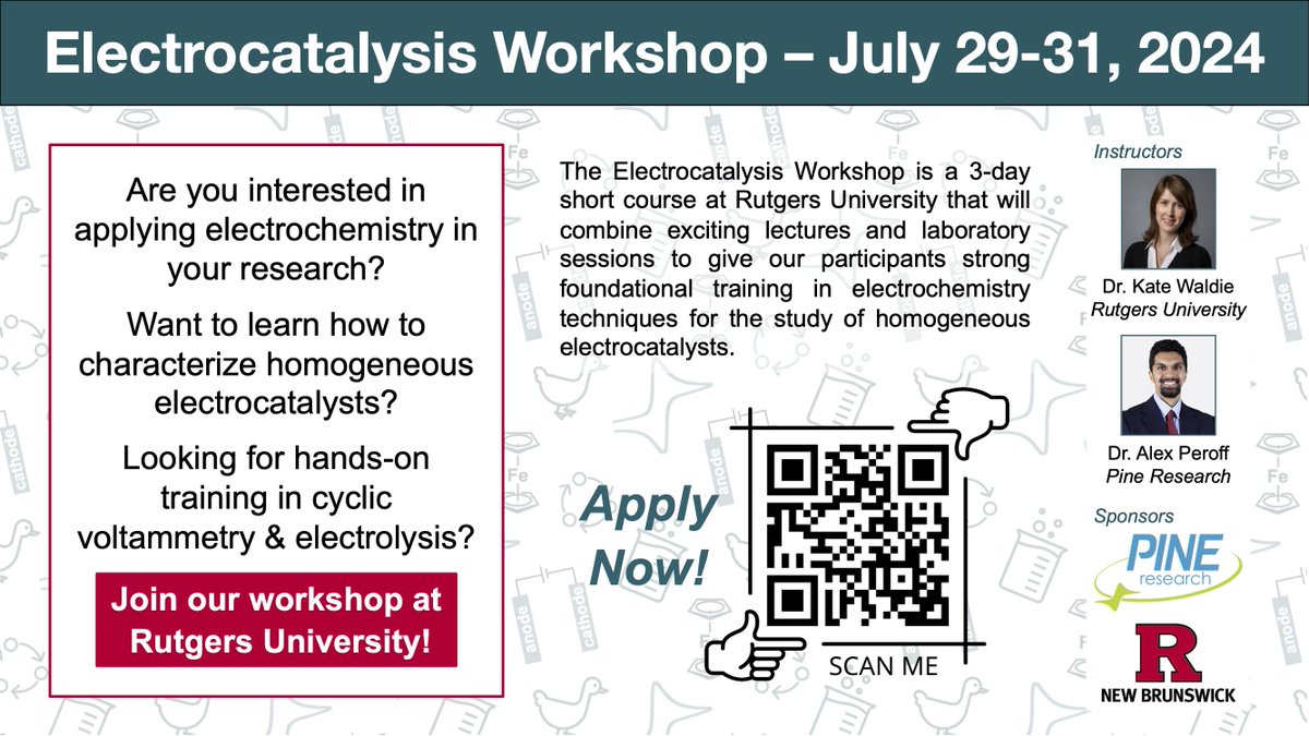 Waldie Group (@waldie_group) on Twitter photo Curious about electrochemistry? Want to explore cyclic voltammetry & controlled-potential electrolysis hands-on? Join us for the Electrocatalysis Workshop <a href="/RutgersChem/">Rutgers University, Chemistry & Chemical Biology</a>, July 29-31, 2024!
Apply now: thewaldiegroup.com/application
<a href="/Pine_Research/">Pine Research</a> #Electrochemistry Curious about electrochemistry? Want to explore cyclic voltammetry & controlled-potential electrolysis hands-on? Join us for the Electrocatalysis Workshop <a href="/RutgersChem/">Rutgers University, Chemistry & Chemical Biology</a>, July 29-31, 2024!
Apply now: thewaldiegroup.com/application
<a href="/Pine_Research/">Pine Research</a> #Electrochemistry